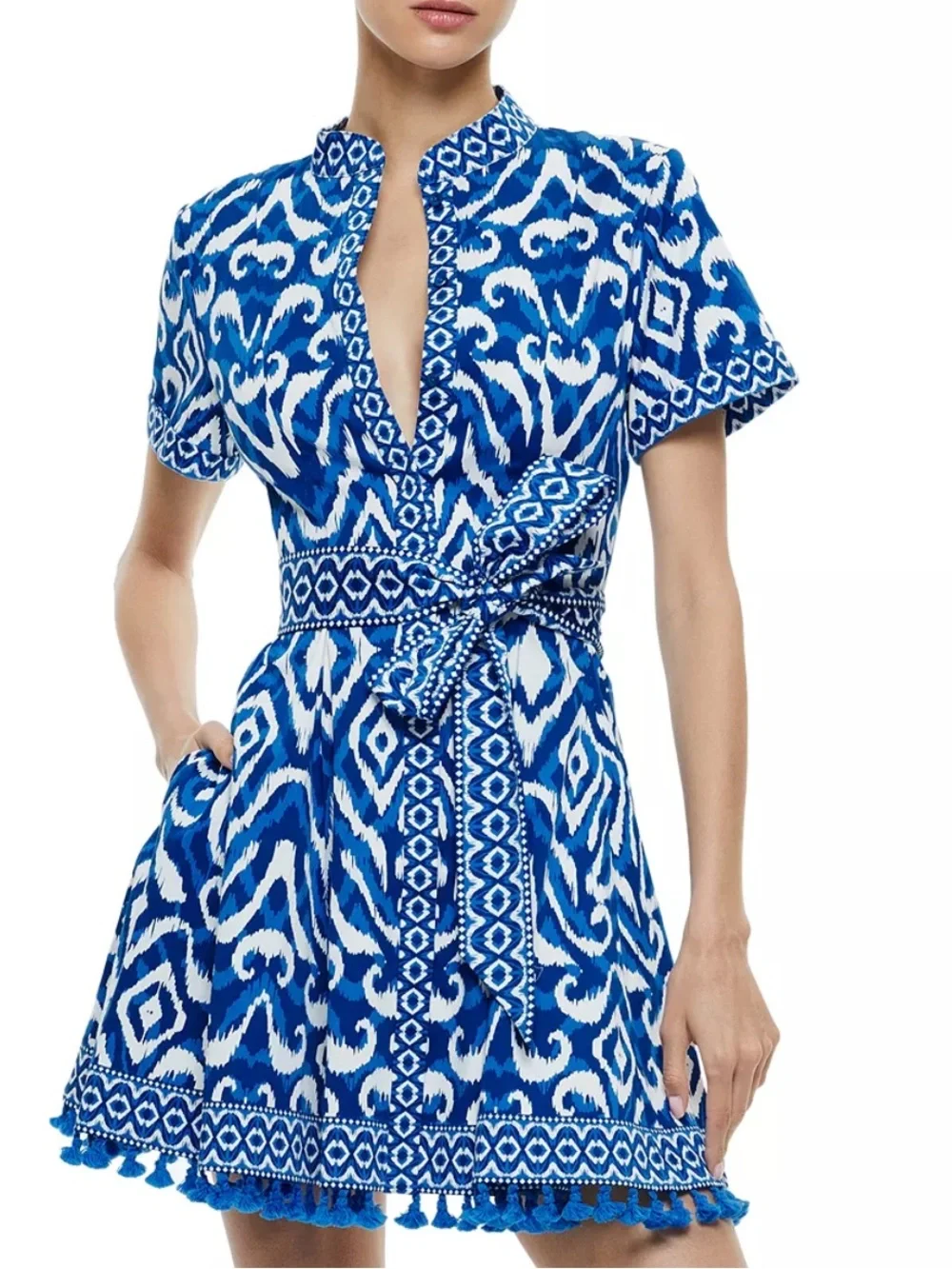Alice + Olivia Lucy Roll Sleeve Ikat Mini Belted Shirtdress Size 12 - Picture 1 of 10